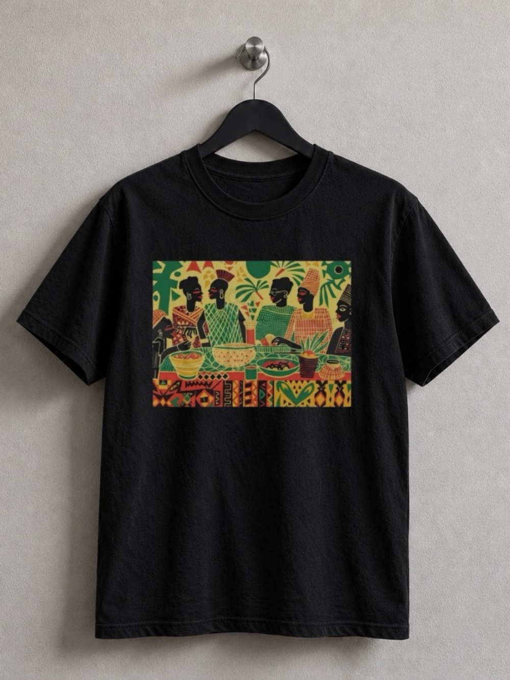 West African Dinner Scene Retro Graphic Short Sleeve Tee in Black